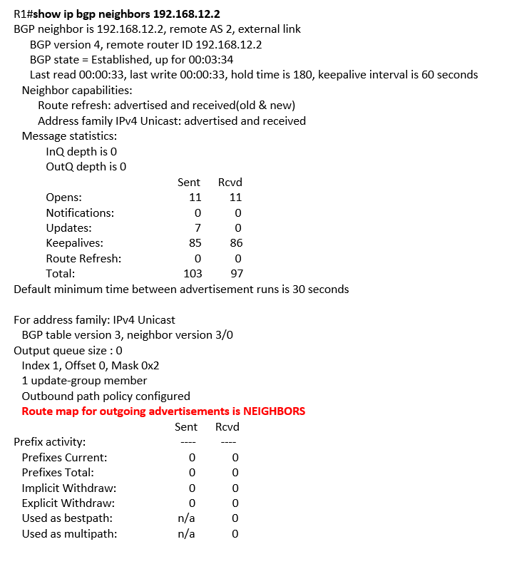 show ip bgp neighbors 192.168.12.2 show ip bgp neighbors 192.168.12.2