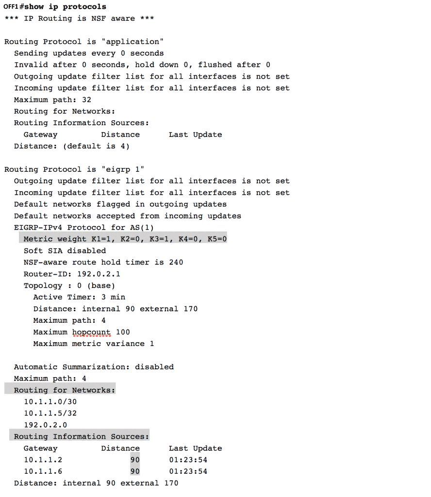 show ip protocols на маршрутизаторе OFF1 show ip protocols на маршрутизаторе OFF1